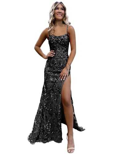 Bestluckw Sparkly Sequin Prom Dresses for Women 2024 Mermaid Spaghetti Straps Long Formal Evening Gowns with Slit