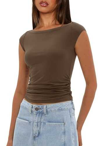 Darong Women's Summer Cap Sleeve Tops Slim Fitted Boat Neck Basic Tee Casual Going Out Top Shirts