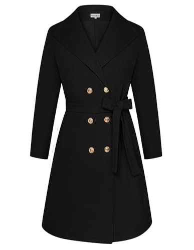 Hanna Nikole Women's Plus Size Wool Coat Double-Breasted Trench Coat with Pockets Winter Jacket with Belt Black 20