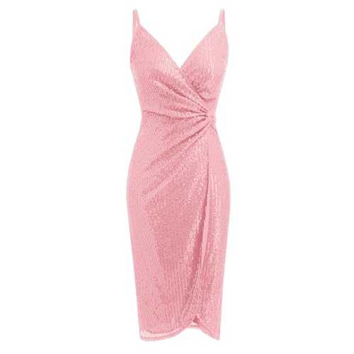 IDOPIP Women V Neck Sequins Ruched Bodycon Dress Formal Evening Party Sparkle Gown Sexy Wrap Cocktail Homecoming Midi Dress