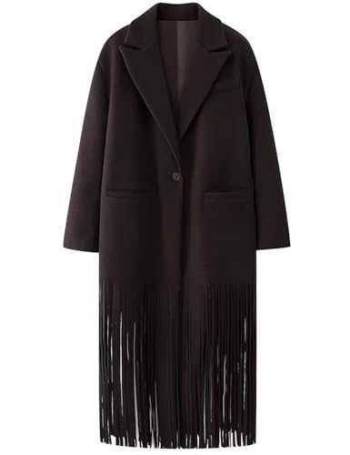 Gihuo Women's Long Wool Blend Coat Notch Lapel Single-Breasted Jacket with Fringe Hem