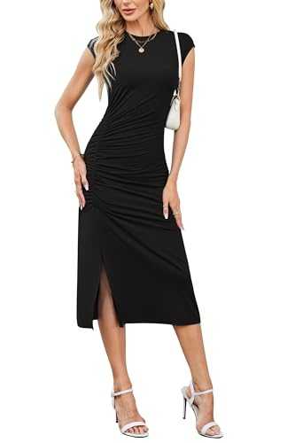 Newshows Womens Summer Dress Bodycon Casual Ruched Midi Dresses Cap Sleeve Slit Tight Pencil T-Shirt Dress