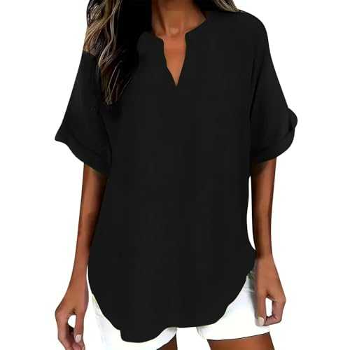 Cotton Linen Tops for Women UK Summer Short Sleeve V Neck T-Shirt 2025 Summer Fashion Solid Color Loose Fit Blouse Dressy Baggy Casual Lightweight Breathable Shirts Holiday Work Going Out Tunic Tops