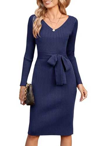 Newshows Jumper Dress Long Sleeve V Neck Knitted Dress Slim Fit Elegant Bodycon Sweater Dress with Belt