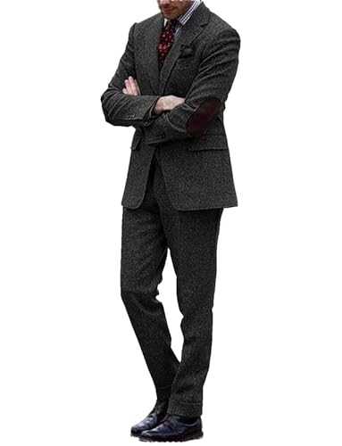 Pkrboro Men's Tweed Two Pieces Suit Jacket and Pants Set Single Breasted Button Notch Lapel Wedding Daily Tuxedos