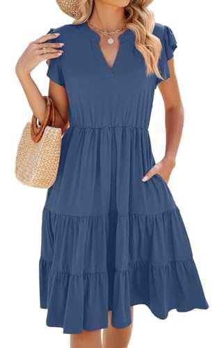 CheChury Women's Summer Dresses with Pockets Ladies Casual Dresses Boho Tiered Floaty Dresses V Neck A Line Dress Short Sleeve Ruffle Sundress Soft Holiday Dresses Beach Dresses Elegant