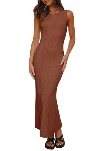 Ferlema Womens 2024 Sweater Dress Sleeveless Crew Neck Slim Fit Ribbed Knit Bodycon Elegant Maxi Dress