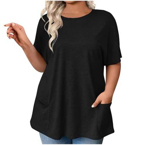 Womens Plus Size T Shirt Casual Short Sleeve T-Shirts with 2 Pockets Round Neck Pullover Flowy Tops Dressy Tunic Blouses Ladies Elegant Office Work Tee Shirt Loose Oversized Tshirts Summer Blouse