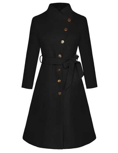 GRACE KARIN Women's Turn Down Collar Midi Coat Single Breasted A-Line Coat with Belt