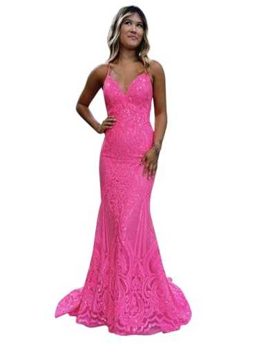CDSSL Women's Spaghetti Straps Sparkly Sequin Mermaid Prom Dresses Backless Long Formal Party Evening Gowns