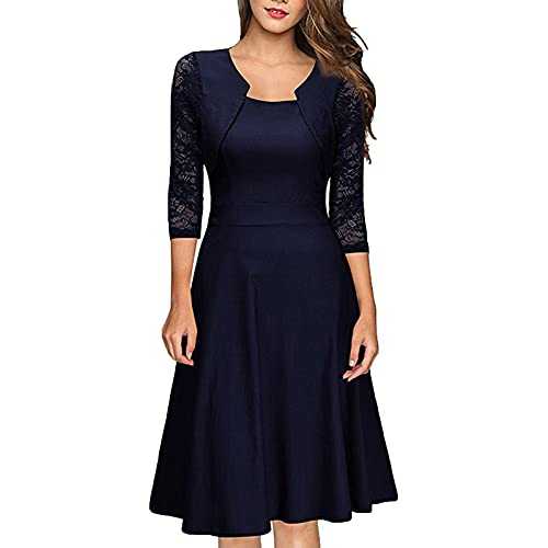 AMhomely Women Dresses for Special Occasions Clearance Party Elegant Sexy Ladies Patchwork Skull Lace Splicing 3/4 Sleeve Vintage Party Dress UK Size Holiday Clothing, Red, L