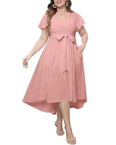 Women's Plus Size High Low Flutter Sleeves Wedding Guest Semi Formal Maxi Long Dress with Pockets