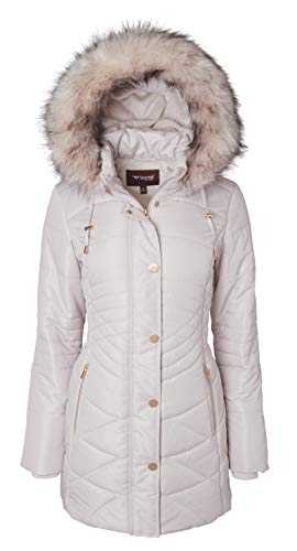 Women Longer Length Plush Lined Quilted Winter Puffer Coat Zip-Off Fur Trim Hood, Angora, 3X