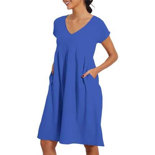 Linen Dresses for Women UK Elegant Summer V Neck Short Sleeve Midi Dress Solid Color Loose Swing Casual Knee Length Ladies Dress Holiday Travel Beach Shirt Dresses with Pockets