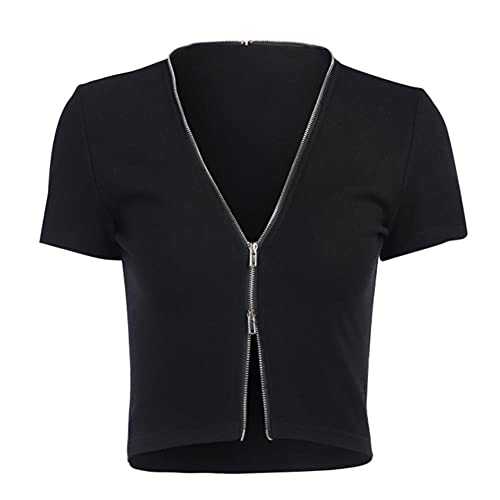 UKKO Crop Tops Women V-Neck Bodycon Tops Women Harajuku Streetwear Black Short Sleeve Zipper Tops T-Shirt Summer Gothic Crop Tops Female