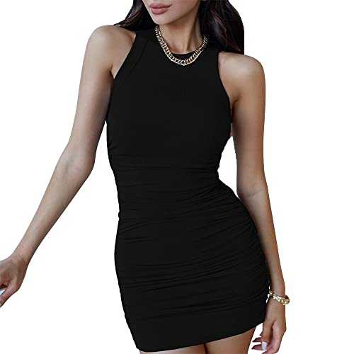 KBRPEY Women Summer Sleeveless Tank Dresses Crew Neck Slim Fit Short Casual Ruched Bodycon Party Club Mini Dress for Casual Club Cocktail Evening Gowns Work