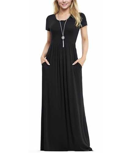 Anelune Women's Short Sleeve Loose Plain Maxi Dresses Casual Long Dresses with Pockets（S-3XL）