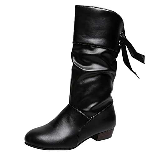 SKTIISN Knee High Boots Women Wide Calf Ladies Fashion Retro Santa Print Leather Lace Up Thick Heel Long Sleeve Knee Length Boots Cowgirl Boots Wide Fit Pink Western Boots Ankle Exclusive Offer