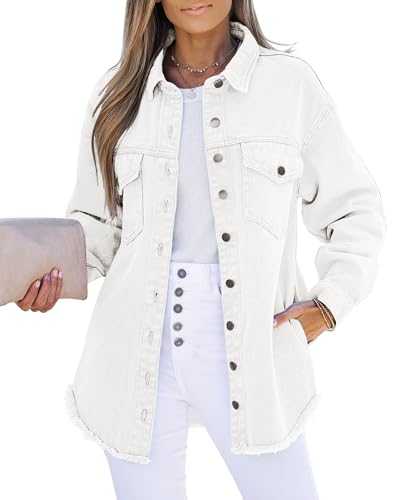luvamia Denim Jacket for Women Button Up Frayed Hem Shacket Long Sleeve Pockets Oversized Jean Jackets