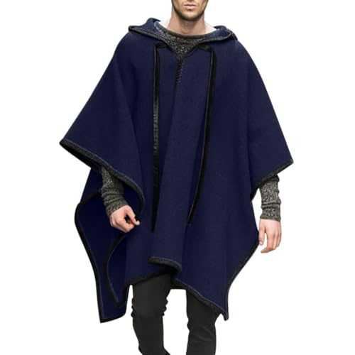 Mymyguoe Men's Hooded Poncho Winter Cape Wool Coats Hooded Poncho Mexican Wool Poncho Hippie Jacket Bat Sleeve Irregular Hem Sweatshirt with