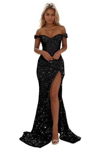 Basgute Sparkly Sequin Mermaid Prom Dresses for Women Long Bodycon Off Shoulder Formal Evening Party Gown with Slit