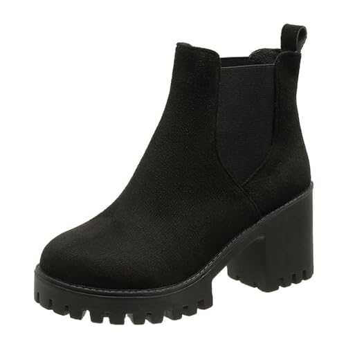 SOOUICKER Ladies Black Ankle Boots Faux Suede Chelsea Boots Women Chunky High Block Heel Ankle Boots Shoes