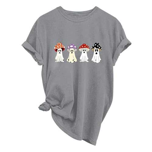Halloween Tshirts Women Plus Size Funny Mushroom Ghost Graphic Tunic Tops Short Sleeve Loose T Shirt Crew Neck Casual Graphic Retro Tees Shirts Festive Party Wear Pullover Tops