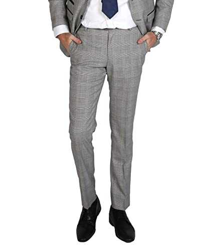 Men’s Formal Slim Fit Windowpane Grey Suit Tweed Check Wedding 3 Piece Set