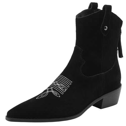 CuteFlats Women's Soft Nubuck Leather Western Cowboy Ankle Boots with Chunky Heel