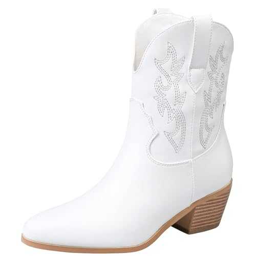 STALOV Cowgirl Boots Stitched Ankle Boots for Women, Pointed Toe Low Chunky Heel Embroidered Western Cowboy Boots