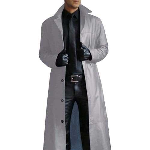 Men's Trench Coat, Solid Color Pu Leather Full Length Windbreaker Gothic Faux Leather Steampunk Overcoat Casual Outwear Lapel Windproof Motorcycle Button Up Long Trench Coat for Winter