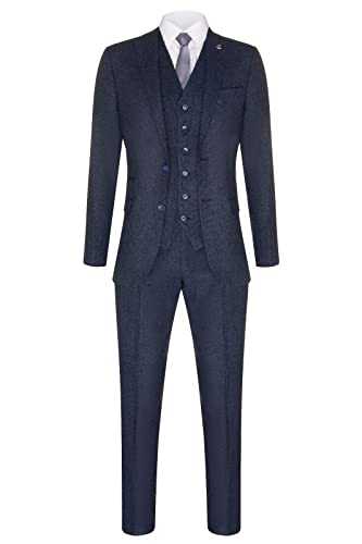 Mens Navy Blue 3 Piece, 2 Button Herringbone Tweed Wool Mix Suit Peaky Slim Fit Jacket with Waistcoat