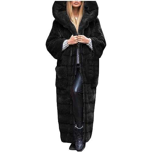 Women's Faux Fur Coat Super Long Hoodies Jackets Winter Warm Furry Coats with Pockets Soft Comfortable Open Front Windproof Cardigan Solid Color Fluffy Jacket Plus Size S-5Xl