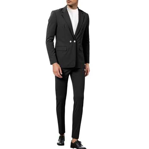 Generico Men's 2 Piece Business Slim Fit One Button Blazer Suit Solid Color Tuxedo Pants Leisure Set Contemporary Long Sleeve Tailoring Jacket High Waist
