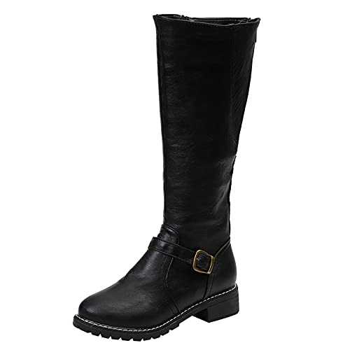 TEELONG Women Shoes Girls School Shoes Ladies Knee Length Boots Vintage Square Heel Back Zipper Faux Leather Boots Winter Autumn Keep Warm Boots Round Toe Shoes
