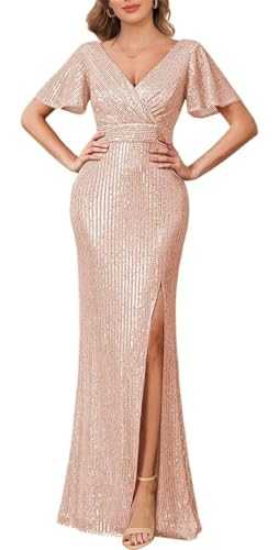 HPPEE Sparkly Sequin Bridesmaid Dresses for Women with Sleeves V Neck Pleated Long Formal Evening Dress