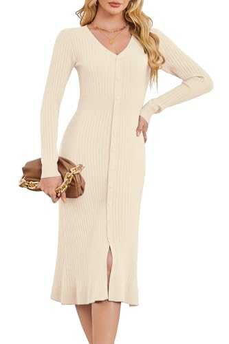 Arach&Cloz Jumper Dresses for Women UK V-Neck Knitted Dresses Ladies Casual Winter Sweater Dresses with Decor Buttons