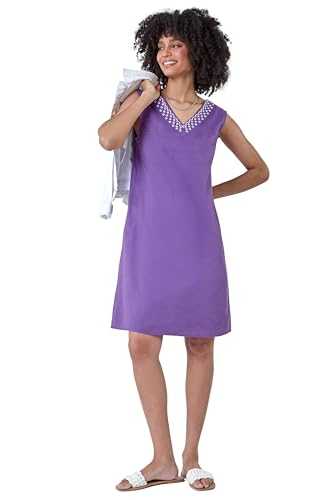Roman Originals Cotton Blend Embroidered Pocket Shift Dress for Women UK - Ladies Everyday Holiday Spring Summer V-Neckline Comfy Soft Evening Vacation Work Party