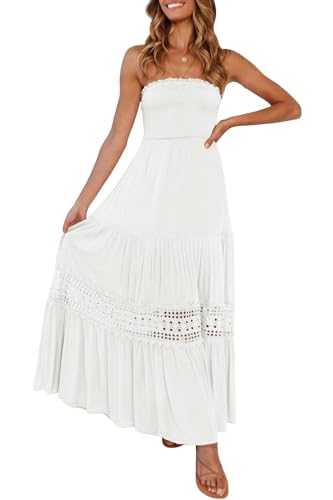 ZESICA Women's 2023 Summer Bohemian Strapless Off Shoulder Lace Trim Backless Flowy A Line Beach Long Maxi Dress