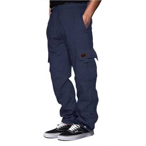 Cargo Jogging Bottoms Men with Multipockets Fleece Jogger Trousers Drawstring Elasticated Waisted Tracksuit Sweatpants Open Hem Straight Leg Fitness Running Joggers Plus Size Mens Joggers