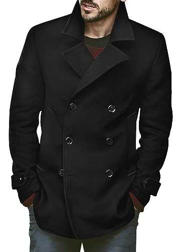 Bbalizko Mens Classic Pea Coat Notched Collar Slim Fit Double Breasted Winter Warm Heavyweight Trench Coats