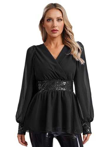 Chiffon Wrap Blouses for Women Dressy Casual Shirt Long Sleeve Ruffle Peplum Blouse Sequin Tunic Tops