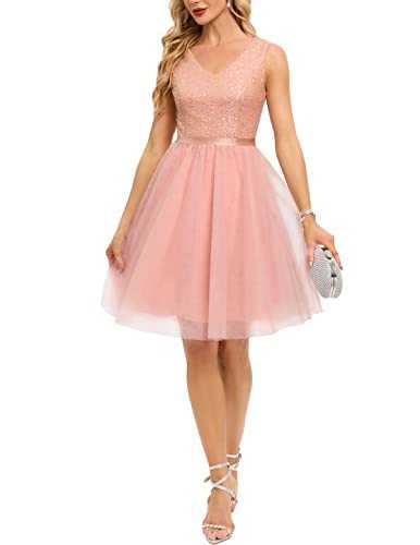 Meetjen Sequin Prom Dress for Teens 2024 Short Tulle V Neck Semi Formal Dress A-line Swing Cocktail Party Dress