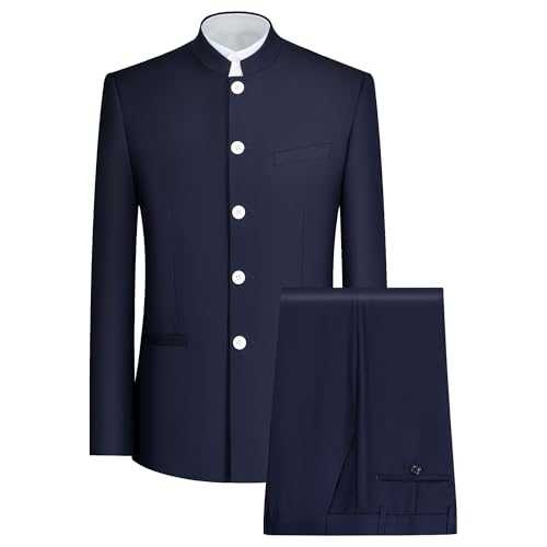 Men's 2 Piece Chinese Tunic Suit Mandarin Collar Blazer Set Trousers Jacket Button Down Traditional Uniform Wedding Dress