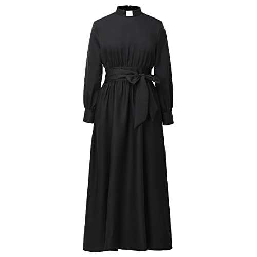Clergy Dress for Women A Line Elegant Maxi Dress Long Sleeve Modest Church Dresses Priest Costume with Collar and Belt