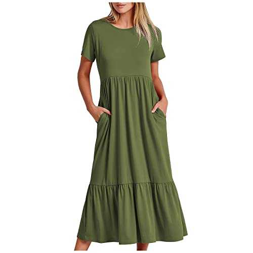 AMhomely Women Dress Sale Clearance Summer Casual Short Sleeve Crewneck Swing Dress Flowy Tiered Maxi Beach Dress with Pockets UK Ladies Dress Party Elegant Beach Dress Club Cocktail Work Dresses