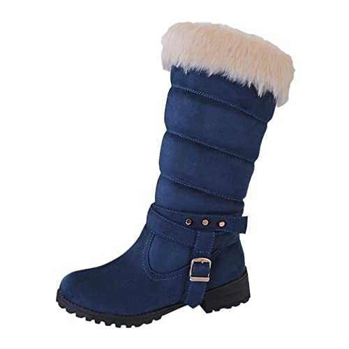 DGHM Winter Snow Boots For Womens Fashion Casual Warm Suede Chunky Ankle Boots Round Toe Faux Fur Booties Ladies Shoes Thick Heel Belt Buckle Mid-Tube Boots