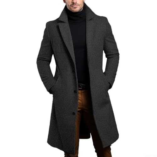 Lastdaytime Men's Luxury Black Trench Coat, Single Breasted Long and Warm Overcoat (L Dark gray)