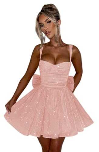 YOFF Sparkly Tulle Homecoming Dresses with Bow Spaghetti Strap Short Summer Prom Dress Sweetheart Cocktail Dress YO213