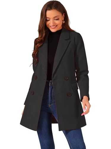 Allegra K Women's Notch Lapel Double Breasted Belted Mid Long Outwear Winter Coat, Black, XS